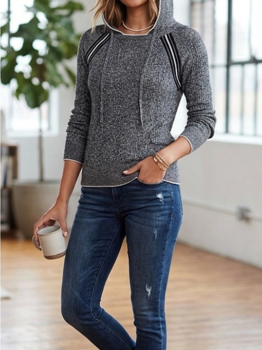 Victoria's Secret Black & Gray Marled Hooded Sweater